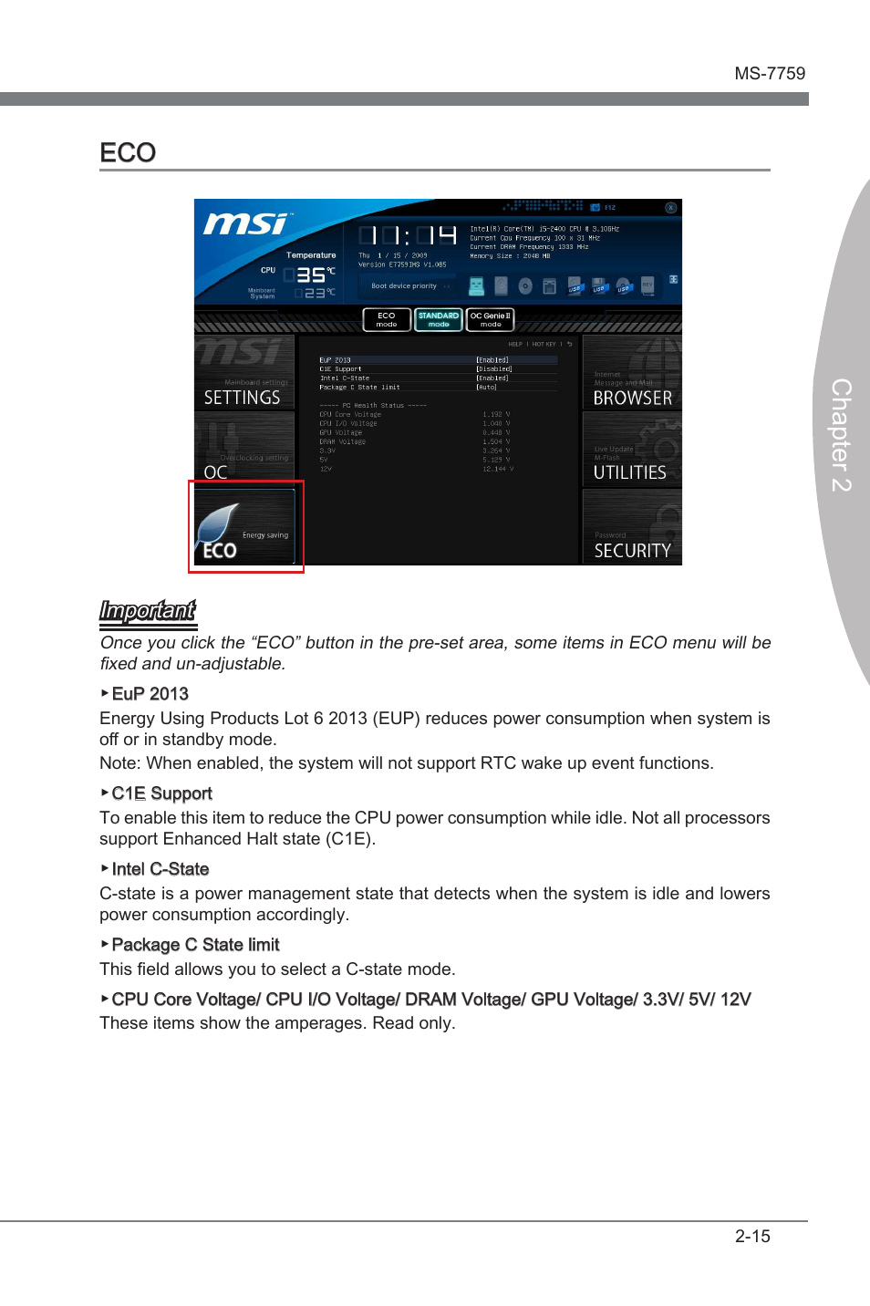 Eco -15, Chapter 2 eco, Important | MSI Z77MA-G45 User Manual | Page 53 / 80