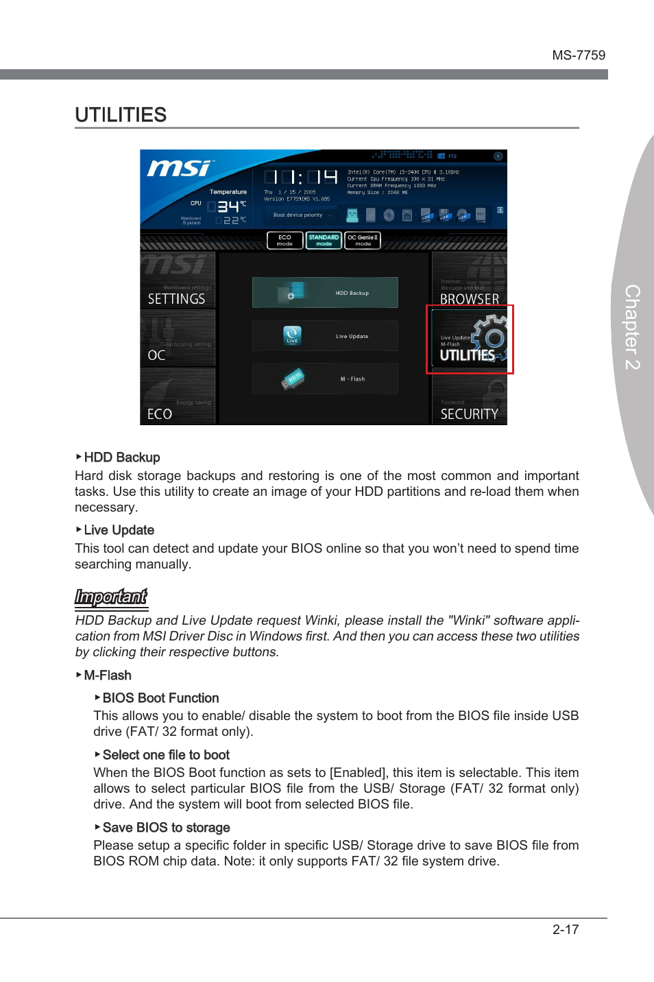 Utilities -17, Chapter 2 utilities, Important | MSI Z77MA-G45 User Manual | Page 55 / 80