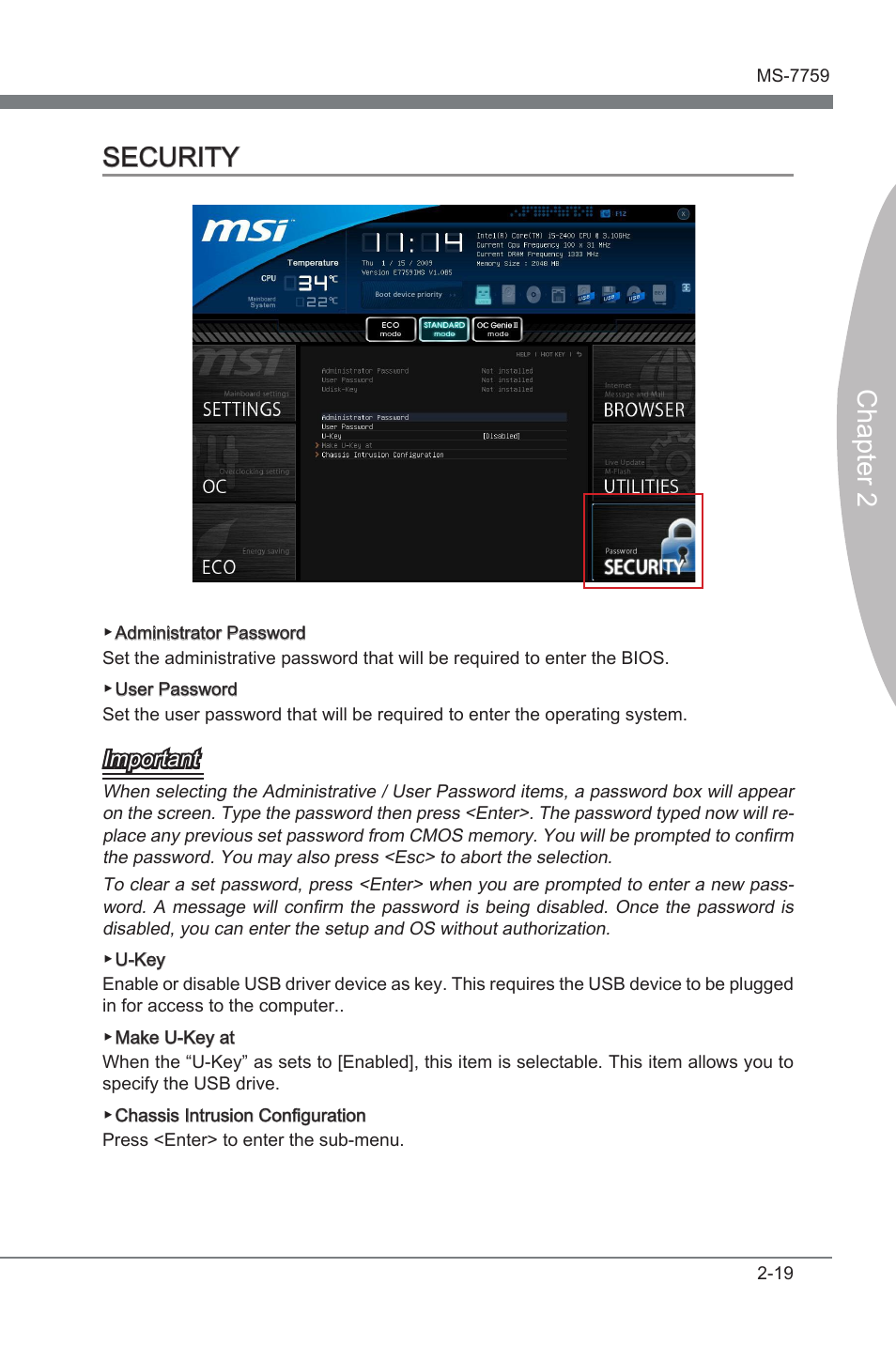 Security -19, Chapter 2 security, Important | MSI Z77MA-G45 User Manual | Page 57 / 80