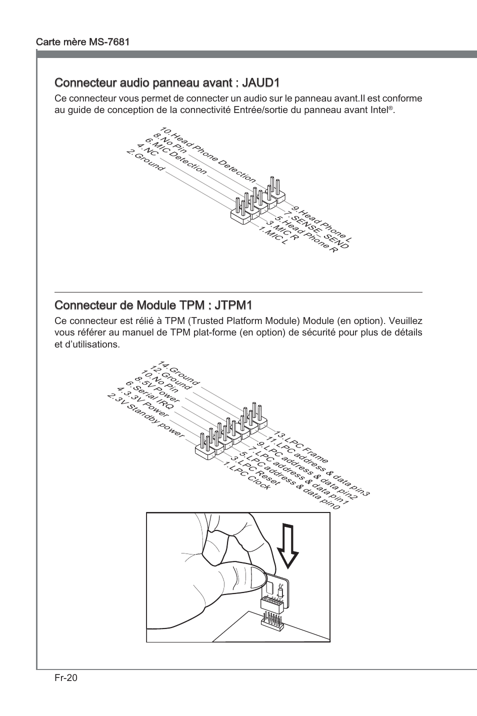 Connecteur audo panneau avant : jaud1, Connecteur de module tpm : jtpm1 | MSI P67A-GD53 (B3) User Manual | Page 102 / 154