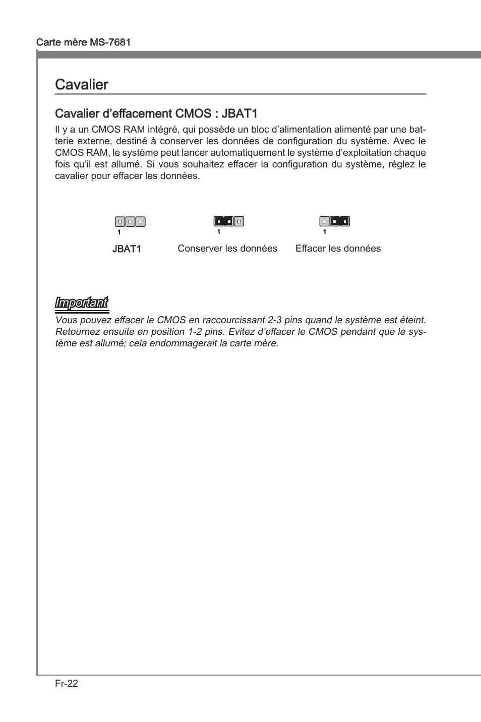 Cavalier, Cavaler, Cavaler d’effacement cmos : jbat1 | Important | MSI P67A-GD53 (B3) User Manual | Page 104 / 154