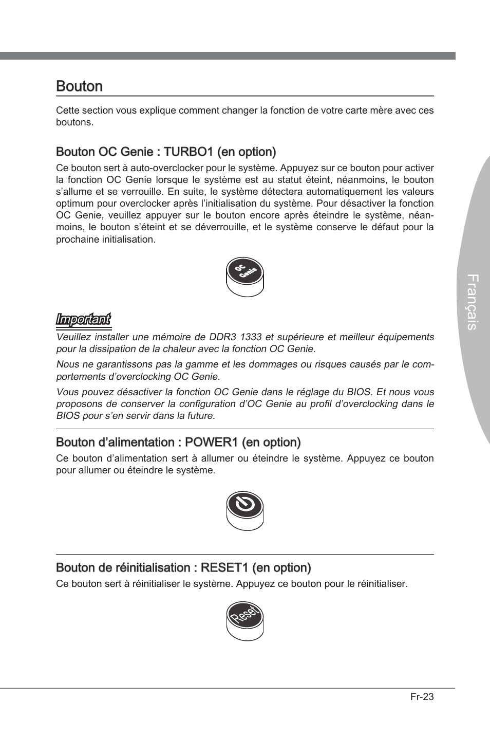 Bouton, França s, Bouton oc gene : turbo1 (en opton) | Important, Bouton d’almentaton : power1 (en opton), Bouton de réntalsaton : reset1 (en opton) | MSI P67A-GD53 (B3) User Manual | Page 105 / 154