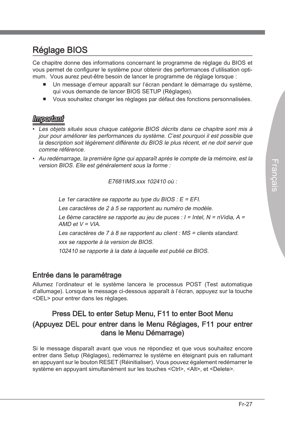 Réglage bios, França s réglage bios, Important | Entrée dans le paramétrage | MSI P67A-GD53 (B3) User Manual | Page 109 / 154