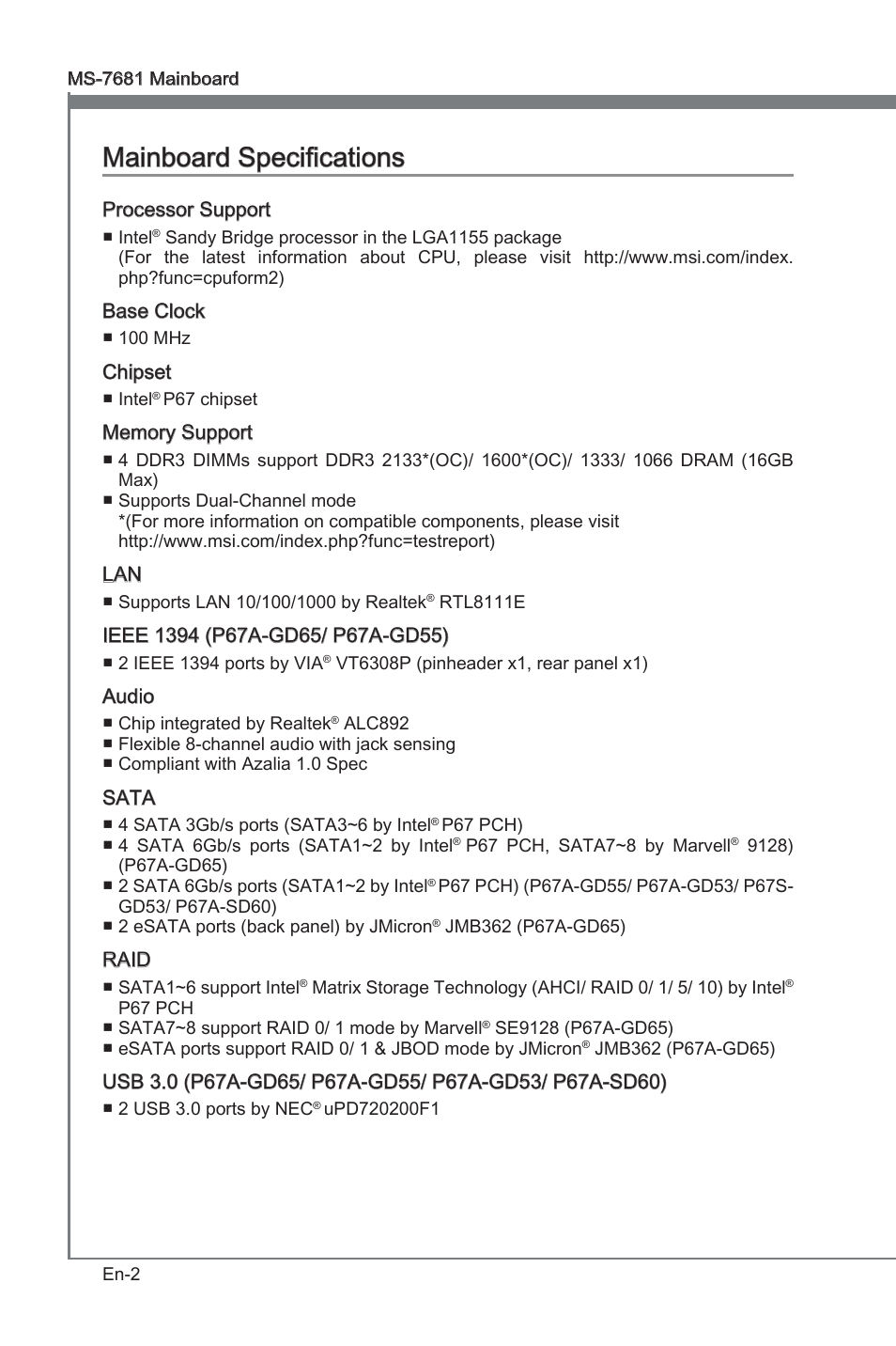 Mainboard specifications, Manboard specficatons | MSI P67A-GD53 (B3) User Manual | Page 12 / 154