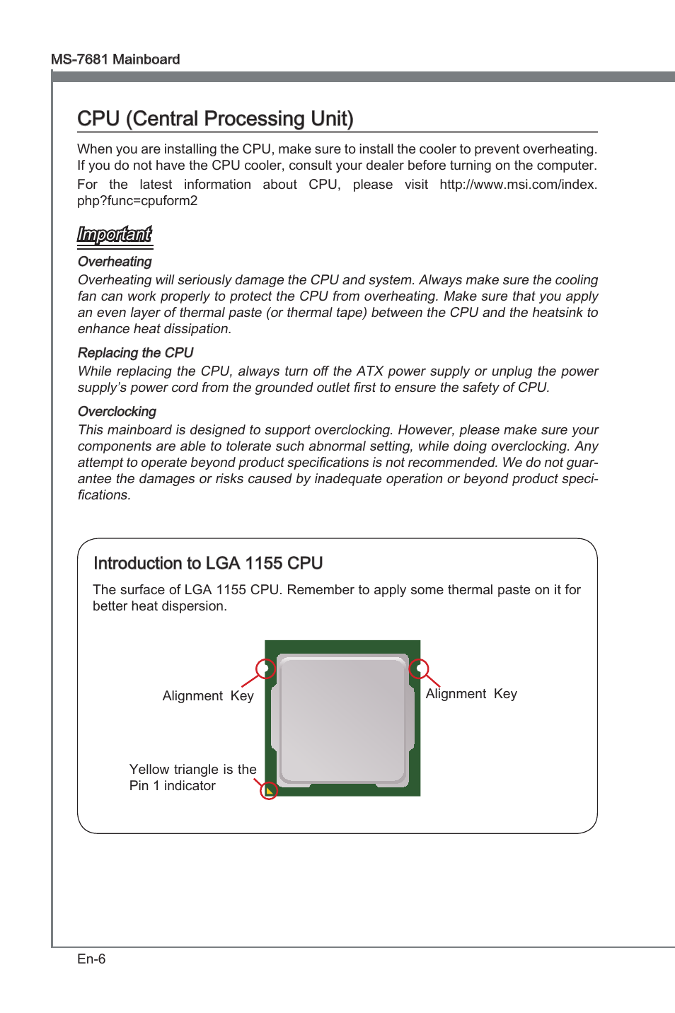 Cpu (central processing unit), Cpu (central processng unt), Important | Introducton to lga 1155 cpu | MSI P67A-GD53 (B3) User Manual | Page 16 / 154