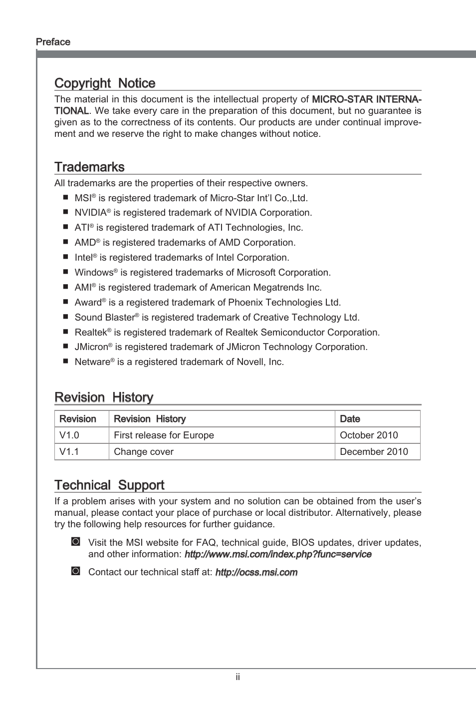 Copyright notice, Trademarks, Revision history | Technical support, Preface, Copyrght notce, Revson hstory, Techncal support | MSI P67A-GD53 (B3) User Manual | Page 2 / 154