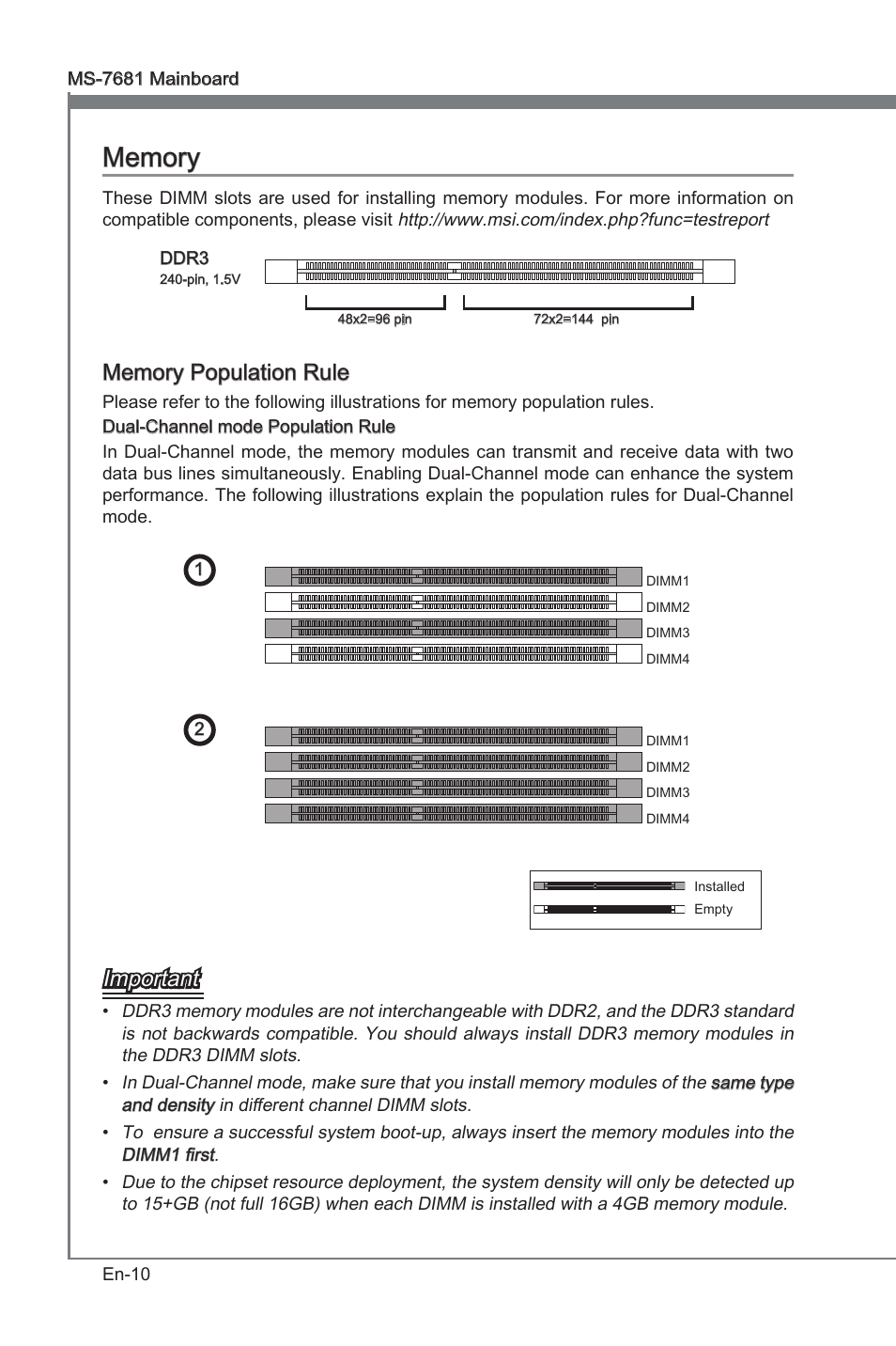 Memory, Important | MSI P67A-GD53 (B3) User Manual | Page 20 / 154