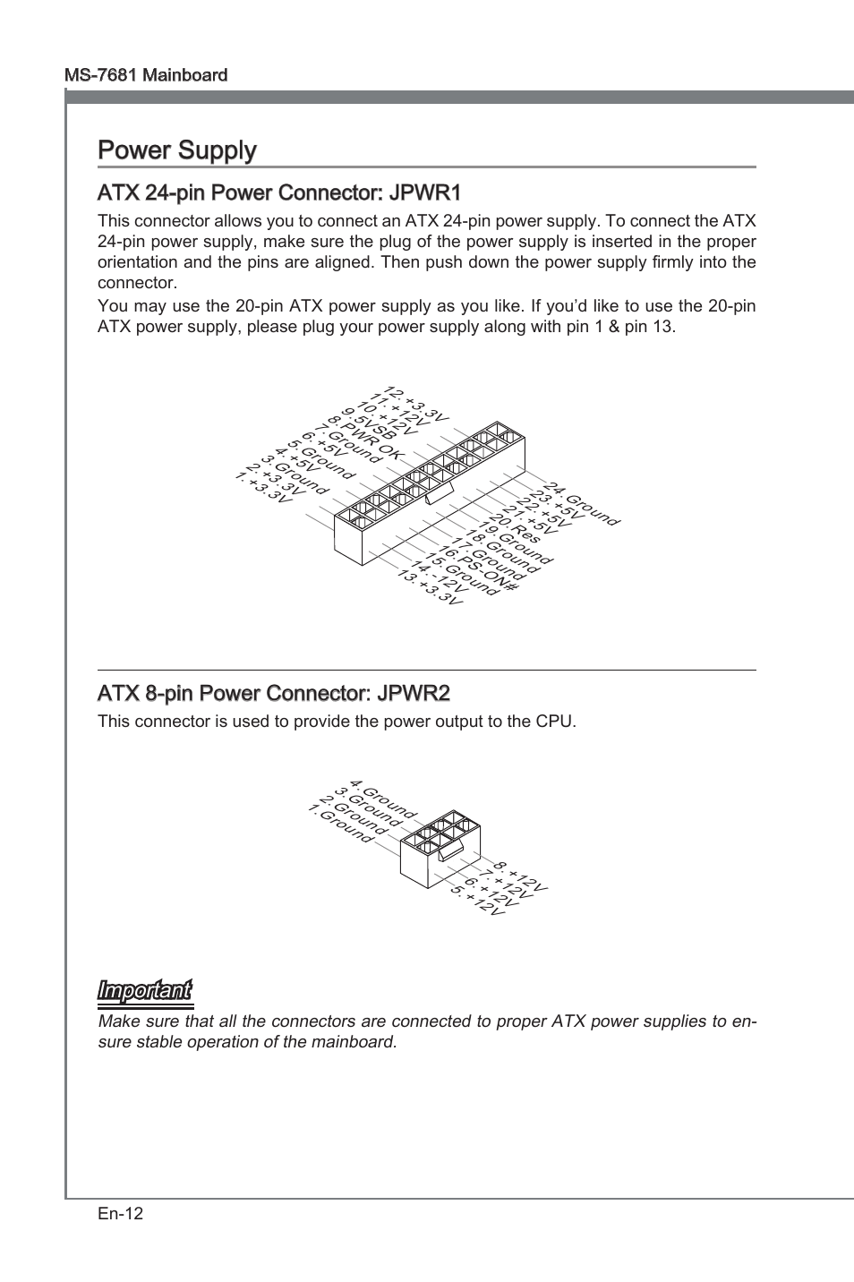 Power supply, Atx 24-pn power connector: jpwr1, Atx 8-pn power connector: jpwr2 | Important | MSI P67A-GD53 (B3) User Manual | Page 22 / 154