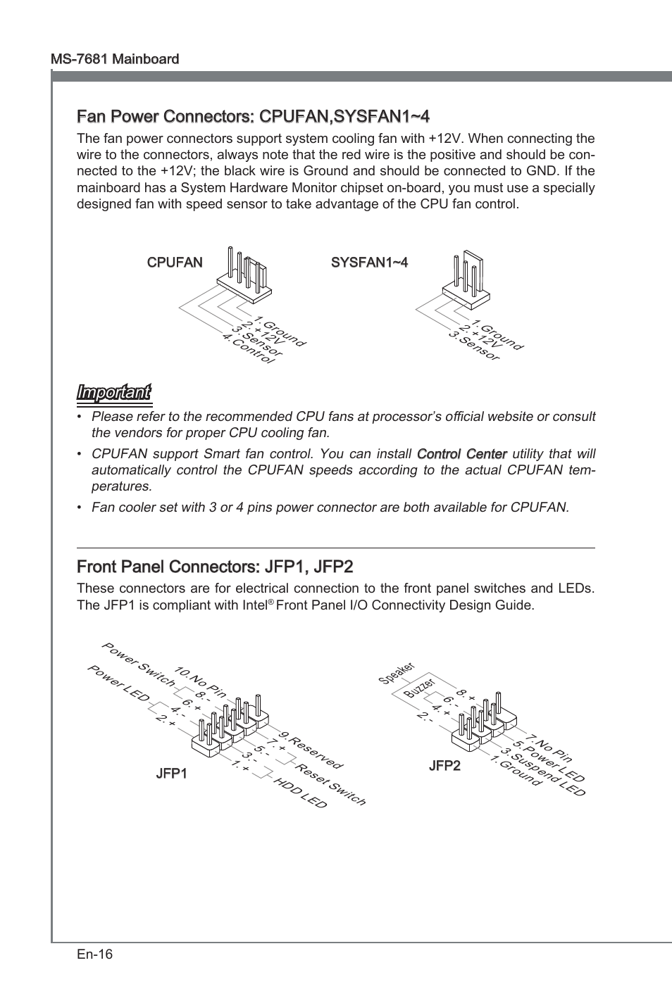 Fan power connectors: cpufan,sysfan1~4, Important, Front panel connectors: jfp1, jfp2 | MSI P67A-GD53 (B3) User Manual | Page 26 / 154