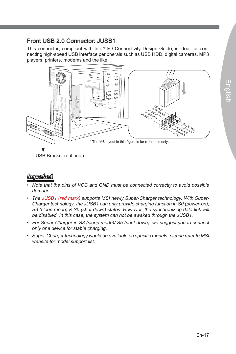 Engl sh, Front usb 2.0 connector: jusb1, Important | MSI P67A-GD53 (B3) User Manual | Page 27 / 154