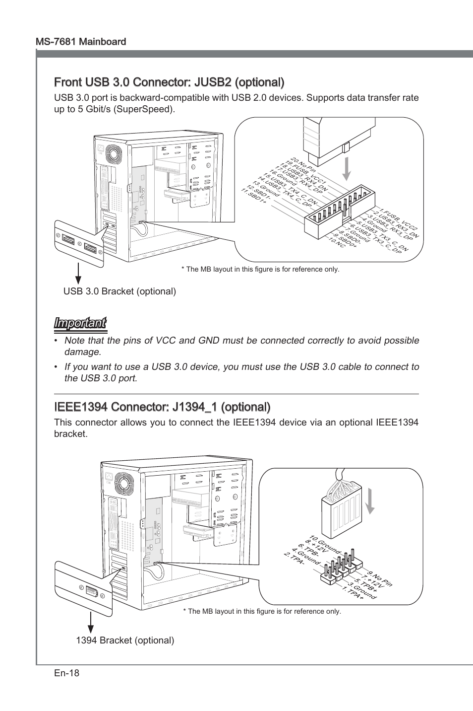 Front usb 3.0 connector: jusb2 (optonal), Important, Usb 3.0 bracket (optonal) | 1394 bracket (optonal) | MSI P67A-GD53 (B3) User Manual | Page 28 / 154