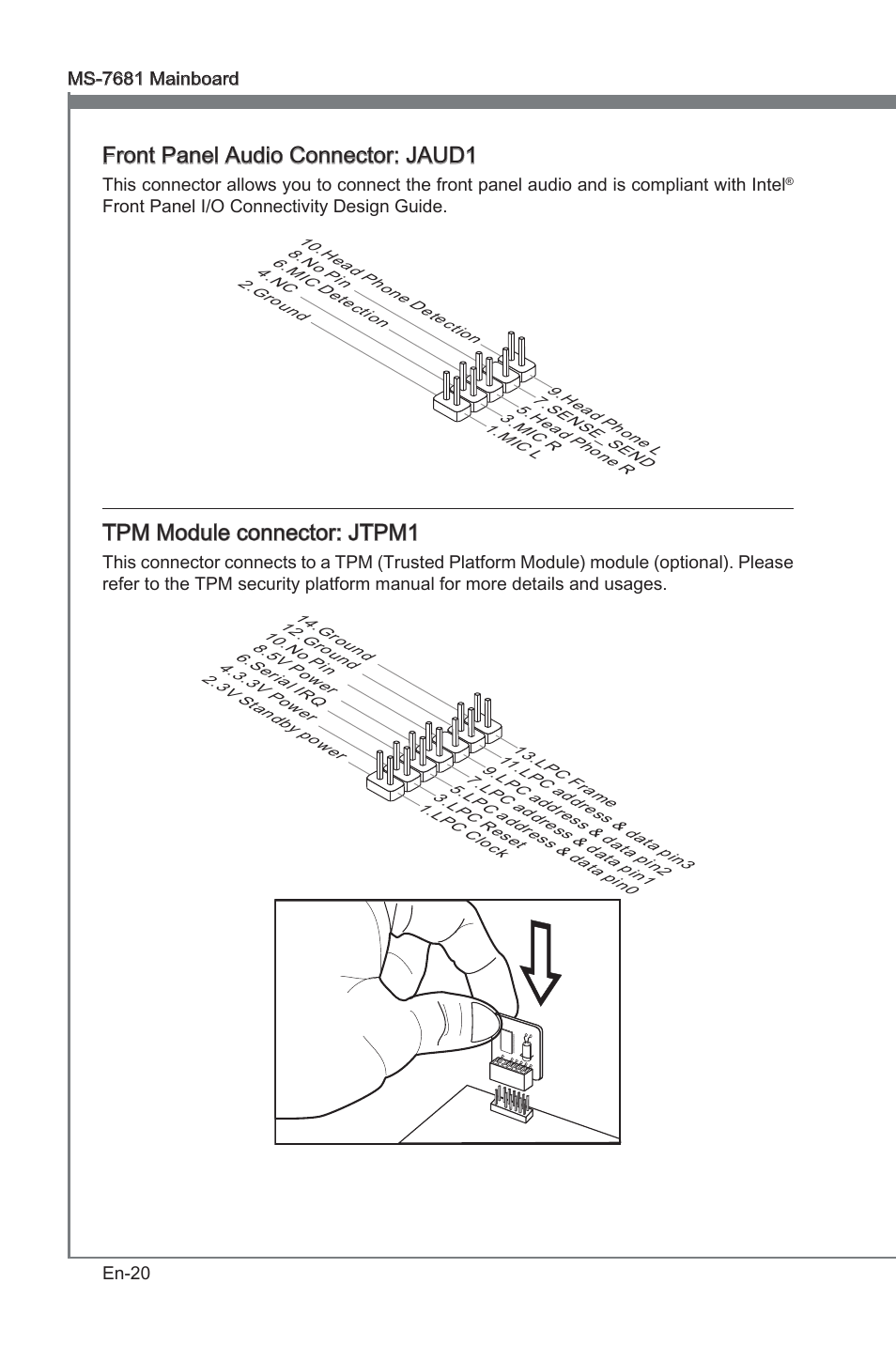 Front panel audo connector: jaud1, Tpm module connector: jtpm1 | MSI P67A-GD53 (B3) User Manual | Page 30 / 154