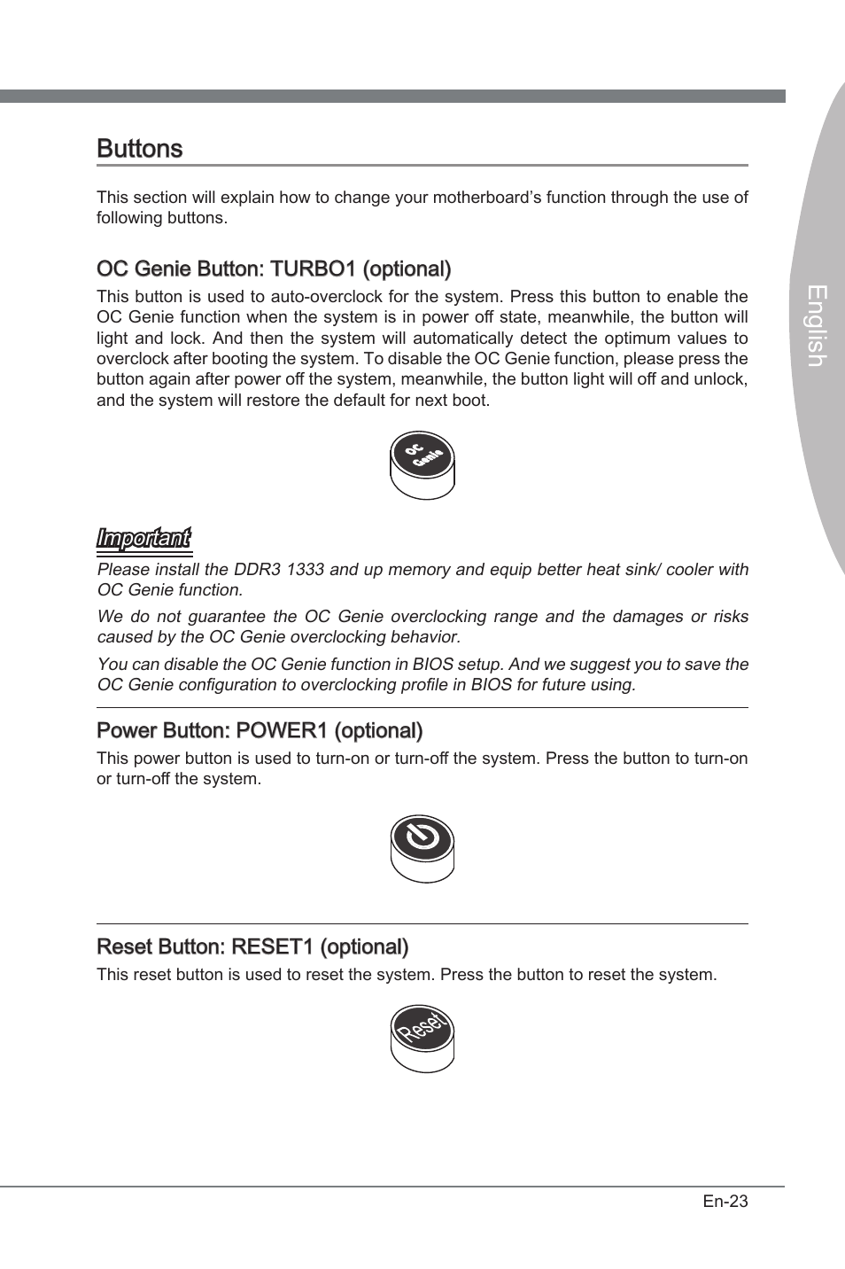 Buttons, Engl sh | MSI P67A-GD53 (B3) User Manual | Page 33 / 154