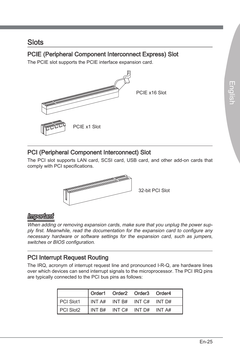 Slots, Engl sh slots, Pci (perpheral component interconnect) slot | Important, Pci interrupt request routng | MSI P67A-GD53 (B3) User Manual | Page 35 / 154