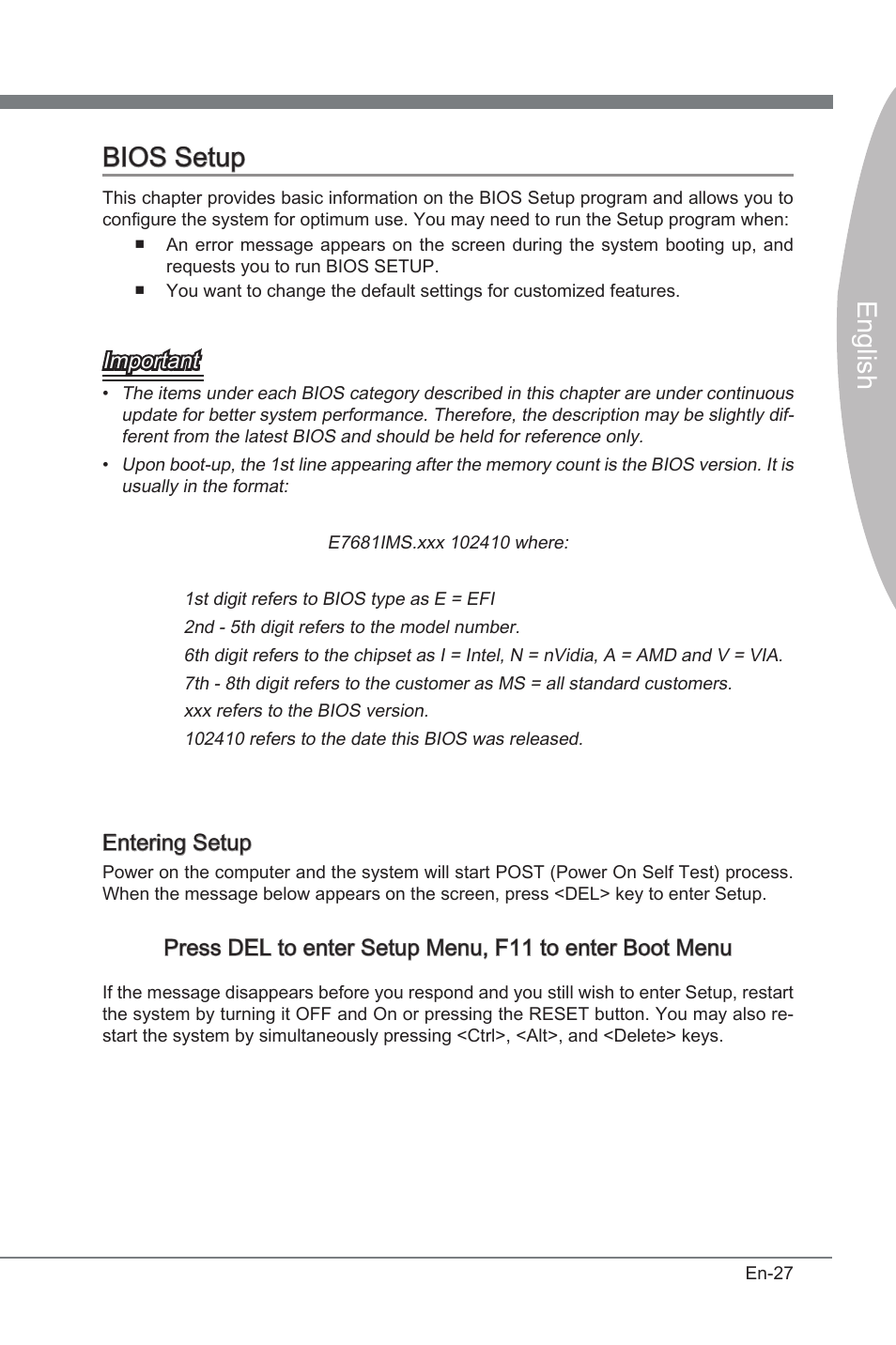 Bios setup, Engl sh bios setup, Important | Enterng setup | MSI P67A-GD53 (B3) User Manual | Page 37 / 154