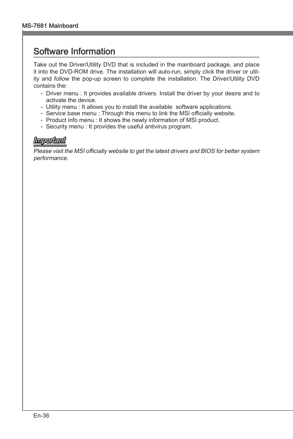 Software information, Software informaton, Important | MSI P67A-GD53 (B3) User Manual | Page 46 / 154