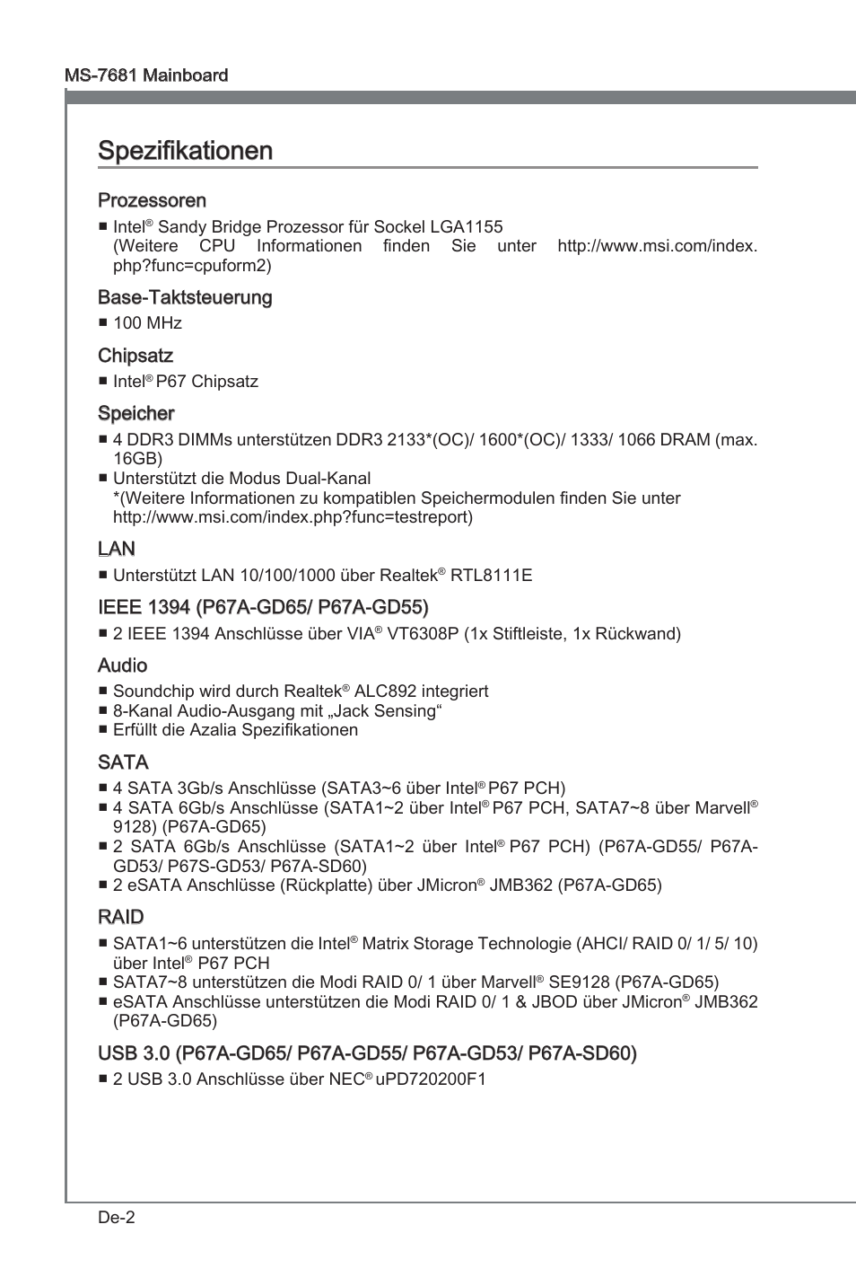 Spezifikationen, Spezfikatonen | MSI P67A-GD53 (B3) User Manual | Page 48 / 154