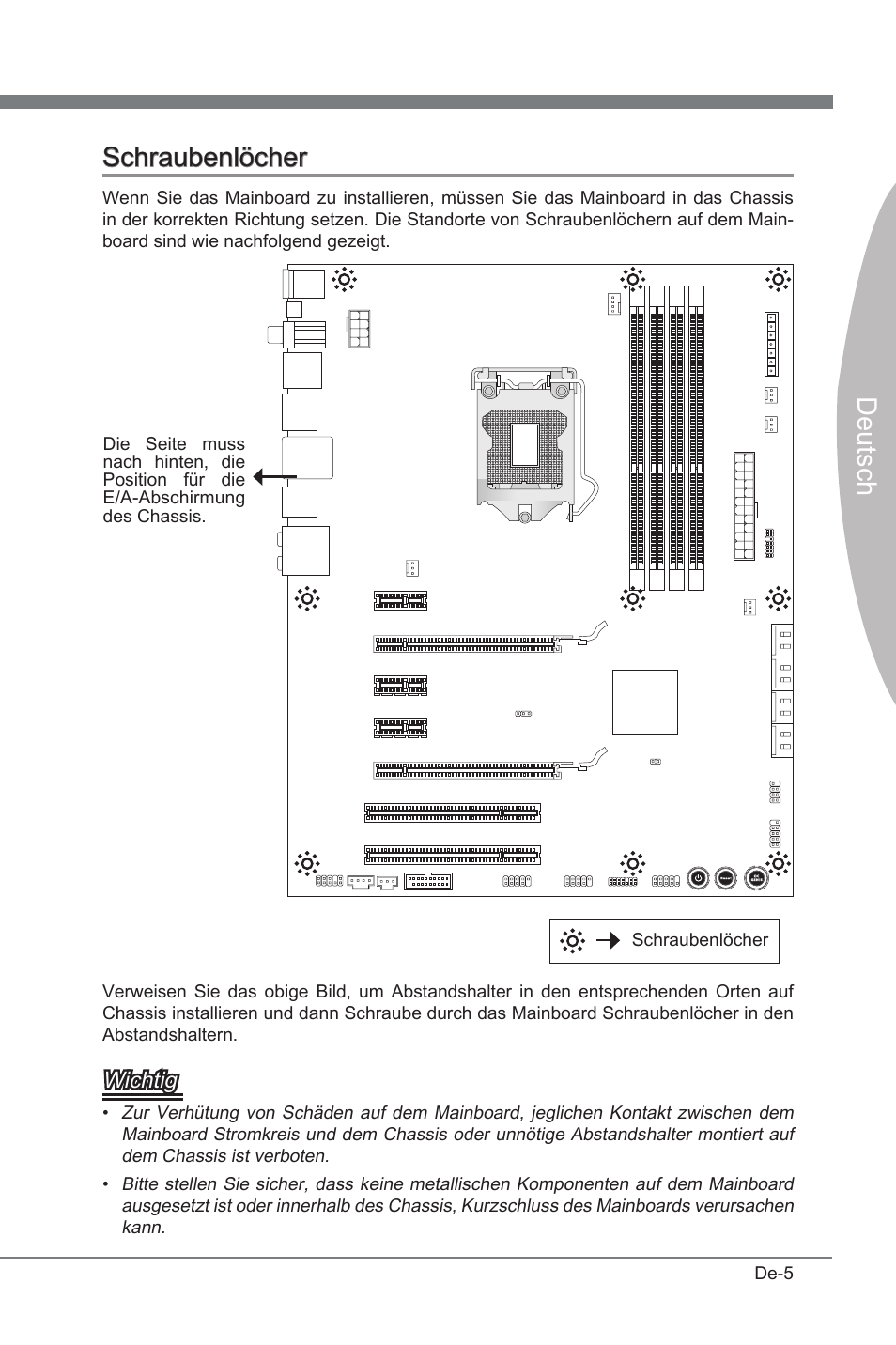 Schraubenlöcher, Deutsch schraubenlöcher, Wchtg | MSI P67A-GD53 (B3) User Manual | Page 51 / 154