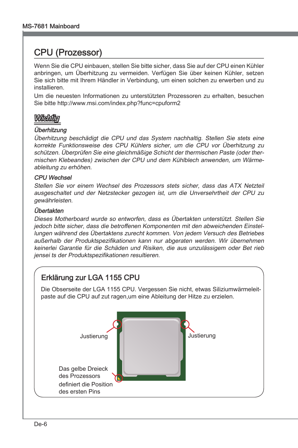 Cpu (prozessor), Wchtg, Erklärung zur lga 1155 cpu | MSI P67A-GD53 (B3) User Manual | Page 52 / 154