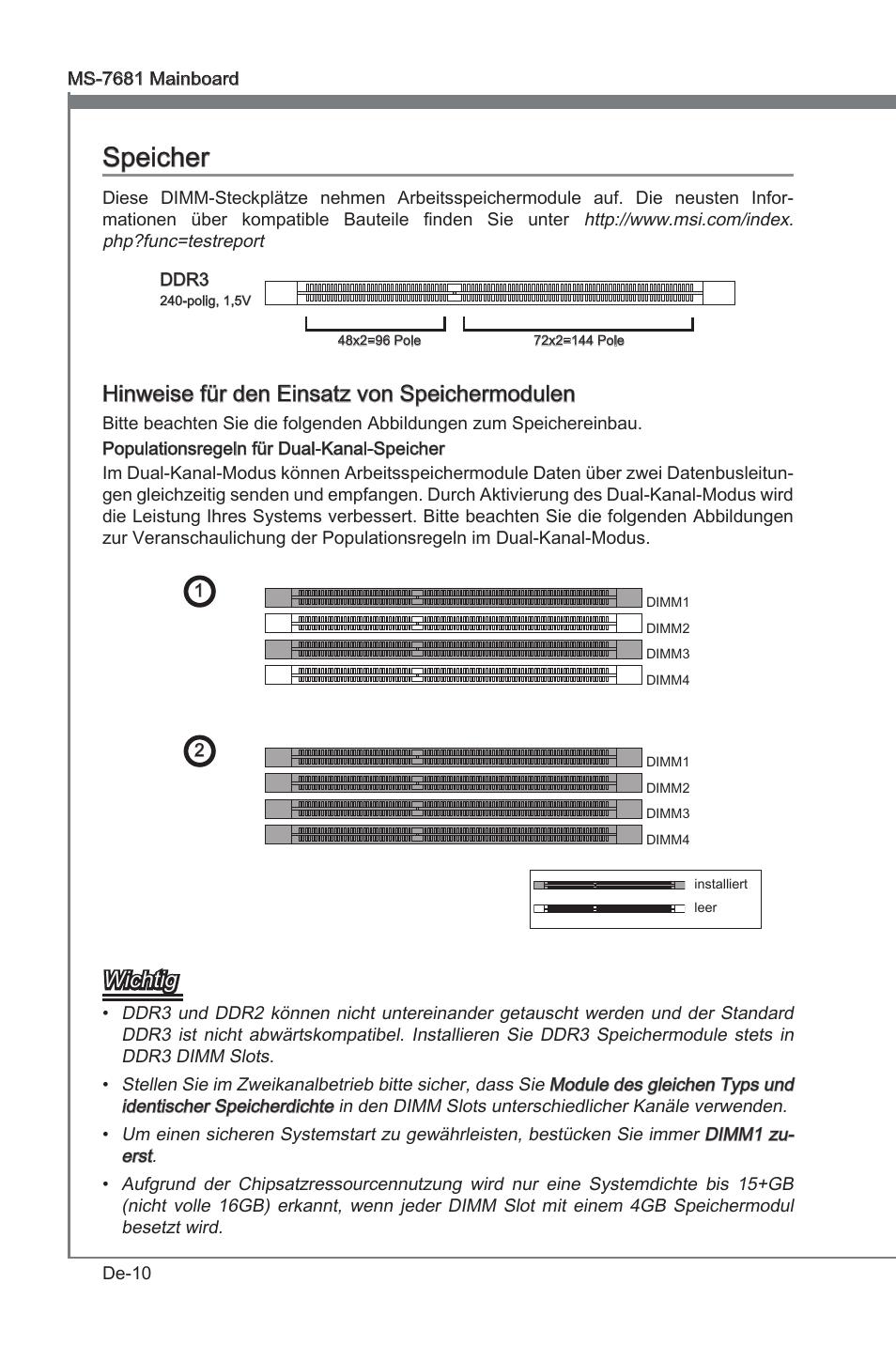 Speicher, Specher, Hnwese für den ensatz von spechermodulen | Wchtg | MSI P67A-GD53 (B3) User Manual | Page 56 / 154