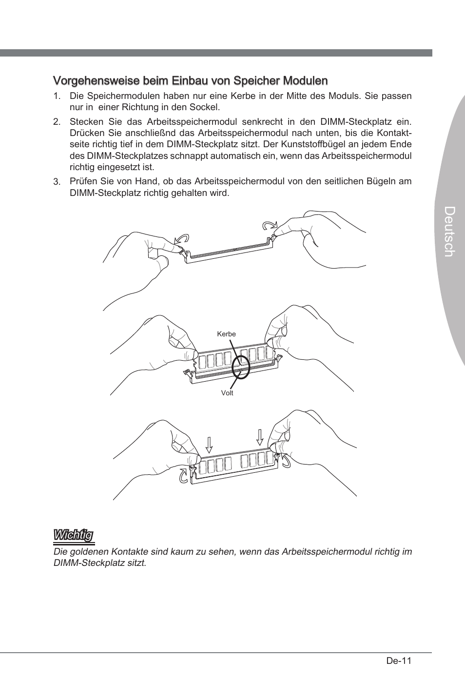 Deutsch, Vorgehenswese bem enbau von specher modulen, Wchtg | MSI P67A-GD53 (B3) User Manual | Page 57 / 154