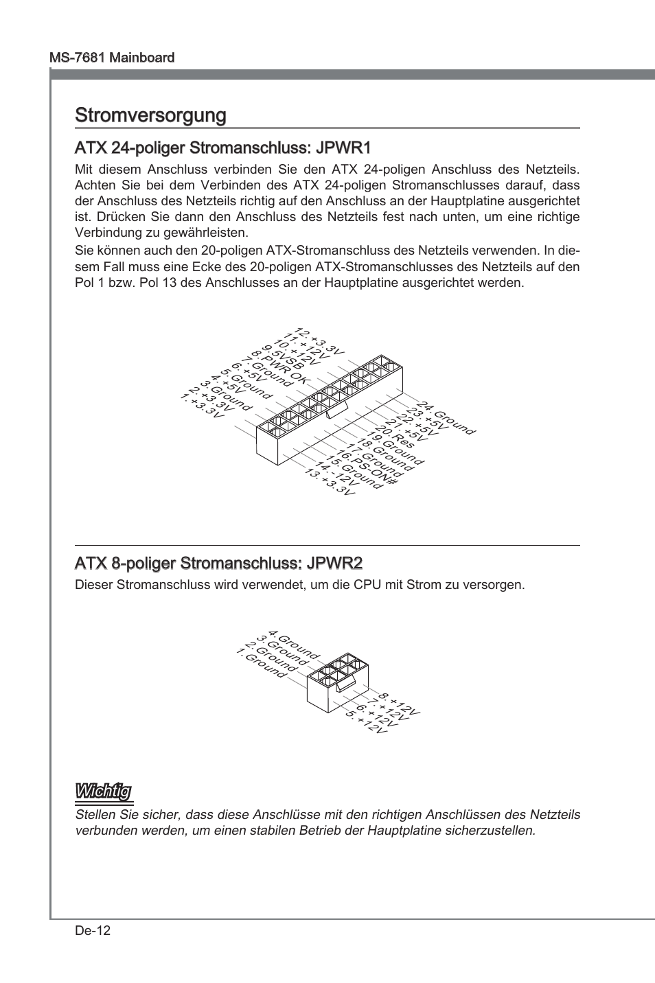 Stromversorgung, Atx 24-polger stromanschluss: jpwr1, Atx 8-polger stromanschluss: jpwr2 | Wchtg | MSI P67A-GD53 (B3) User Manual | Page 58 / 154