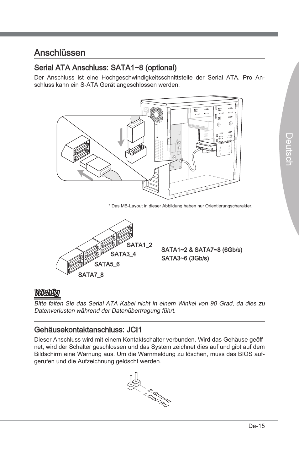 Anschlüssen, Deutsch anschlüssen, Seral ata anschluss: sata1~8 (optonal) | Wchtg, Gehäusekontaktanschluss: jci1 | MSI P67A-GD53 (B3) User Manual | Page 61 / 154