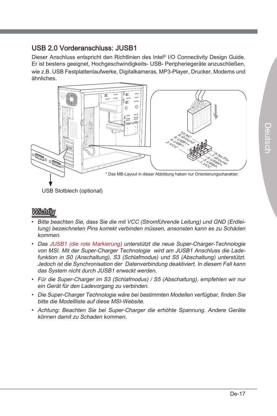 Deutsch, Usb 2.0 vorderanschluss: jusb1, Wchtg | MSI P67A-GD53 (B3) User Manual | Page 63 / 154