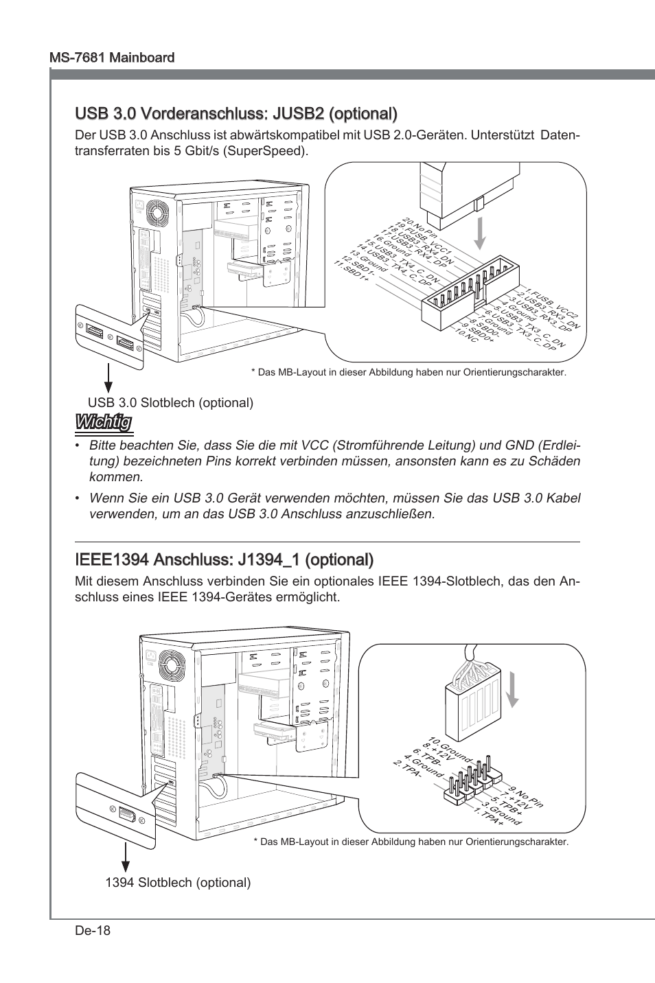 Usb 3.0 vorderanschluss: jusb2 (optonal), Wchtg, Usb 3.0 slotblech (optonal) | 1394 slotblech (optonal) | MSI P67A-GD53 (B3) User Manual | Page 64 / 154