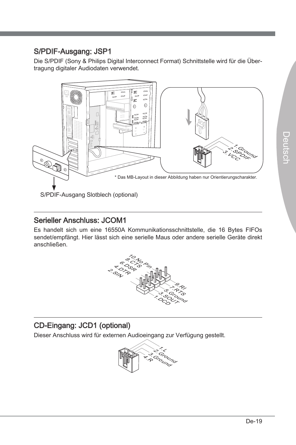 Deutsch, S/pdif-ausgang: jsp1, Sereller anschluss: jcom1 | Cd-engang: jcd1 (optonal) | MSI P67A-GD53 (B3) User Manual | Page 65 / 154