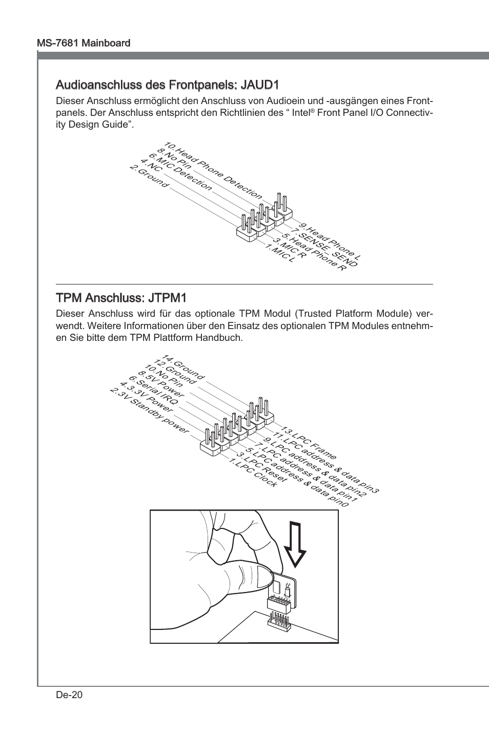 Audoanschluss des frontpanels: jaud1, Tpm anschluss: jtpm1 | MSI P67A-GD53 (B3) User Manual | Page 66 / 154