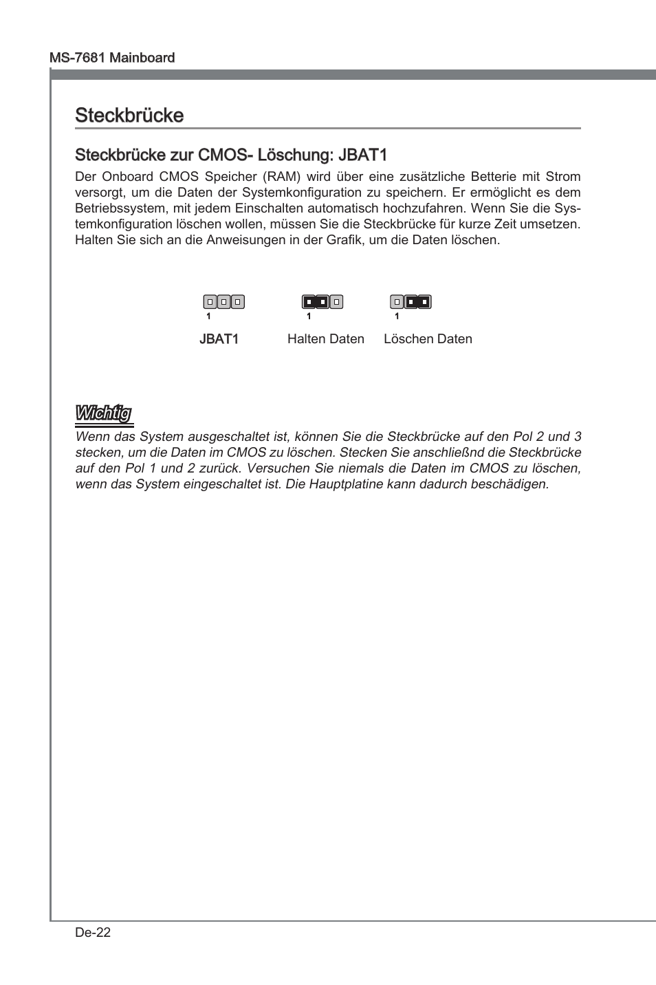 Steckbrücke, Steckbrücke zur cmos- löschung: jbat1, Wchtg | MSI P67A-GD53 (B3) User Manual | Page 68 / 154