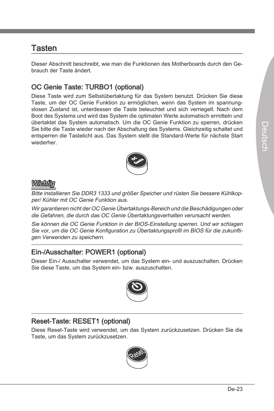 Tasten, Deutsch, Oc gene taste: turbo1 (optonal) | Wchtg, En-/ausschalter: power1 (optonal), Reset-taste: reset1 (optonal) | MSI P67A-GD53 (B3) User Manual | Page 69 / 154