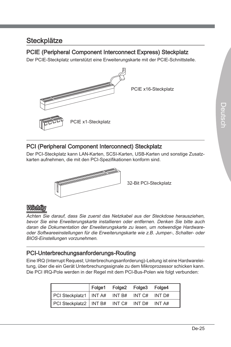 Steckplätze, Deutsch steckplätze, Pci (perpheral component interconnect) steckplatz | Wchtg, Pci-unterbrechungsanforderungs-routng | MSI P67A-GD53 (B3) User Manual | Page 71 / 154