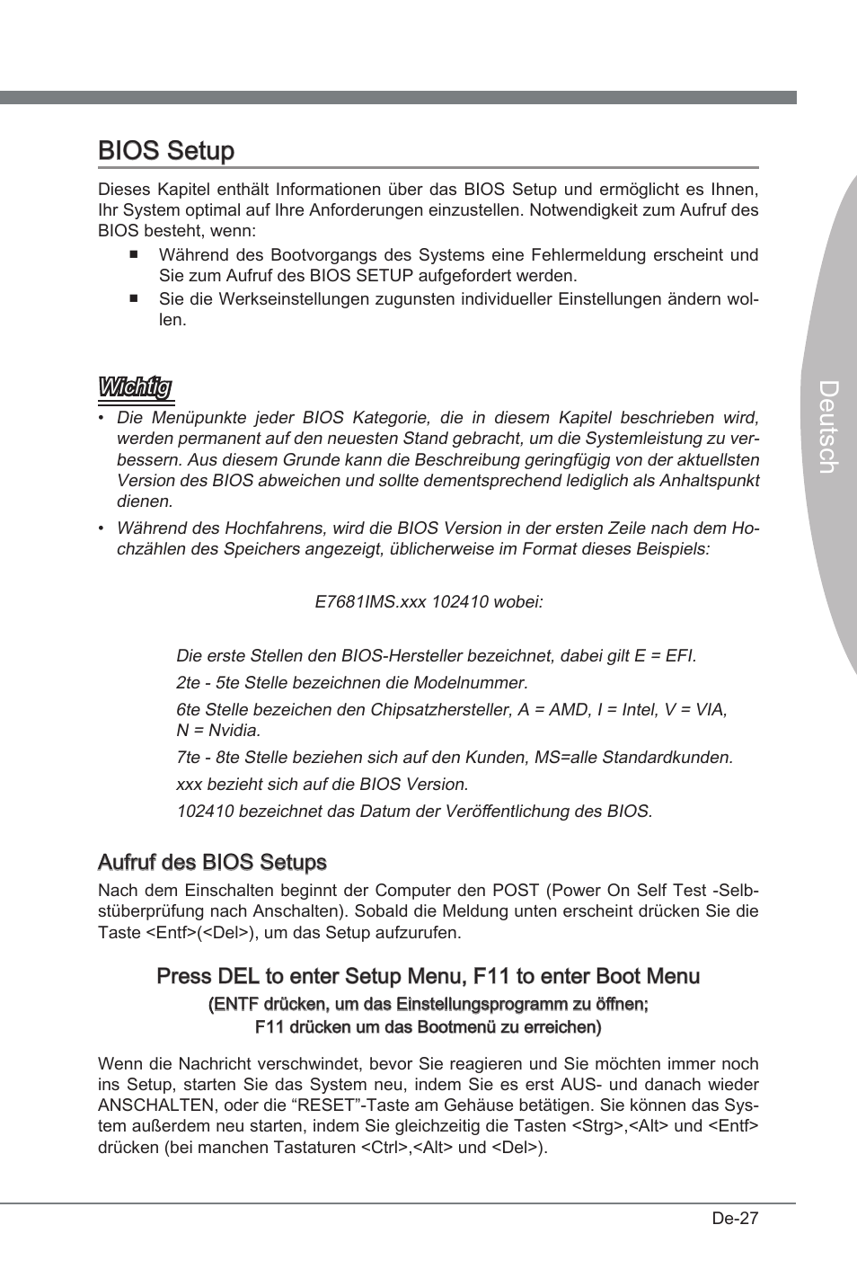 Bios setup, Deutsch bios setup, Wchtg | Aufruf des bios setups | MSI P67A-GD53 (B3) User Manual | Page 73 / 154