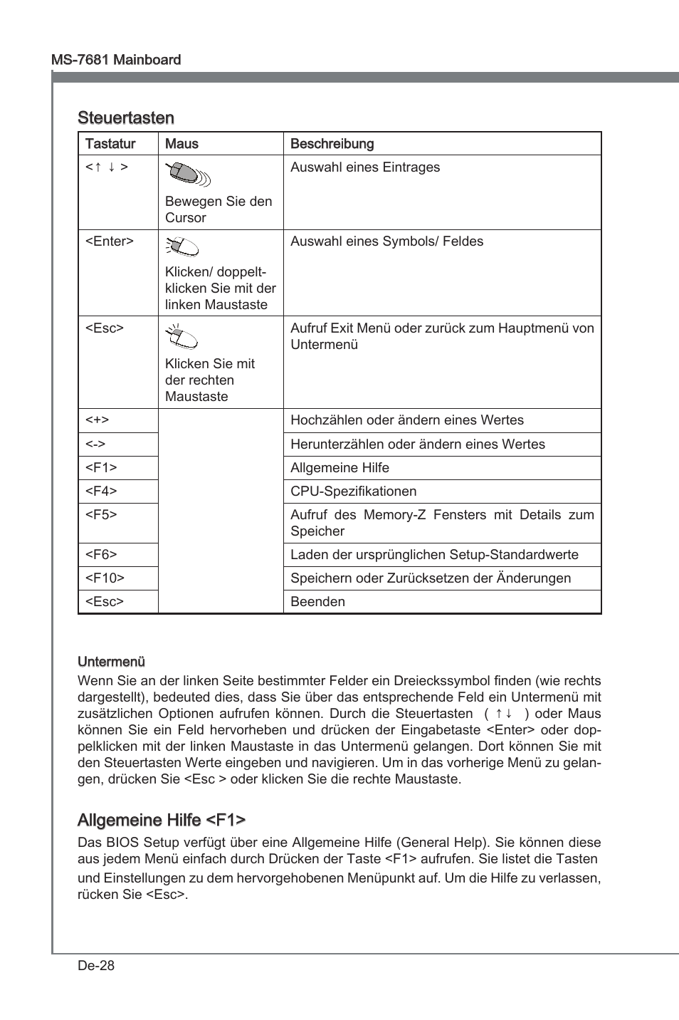 Steuertasten, Allgemene hlfe <f1 | MSI P67A-GD53 (B3) User Manual | Page 74 / 154