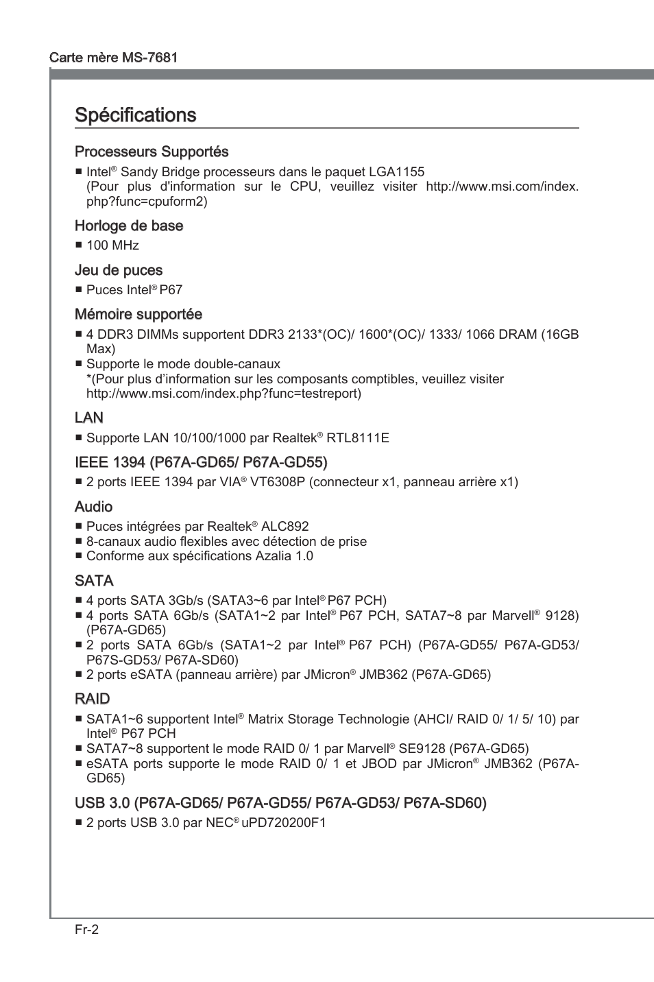 Spécifications, Spécficatons | MSI P67A-GD53 (B3) User Manual | Page 84 / 154