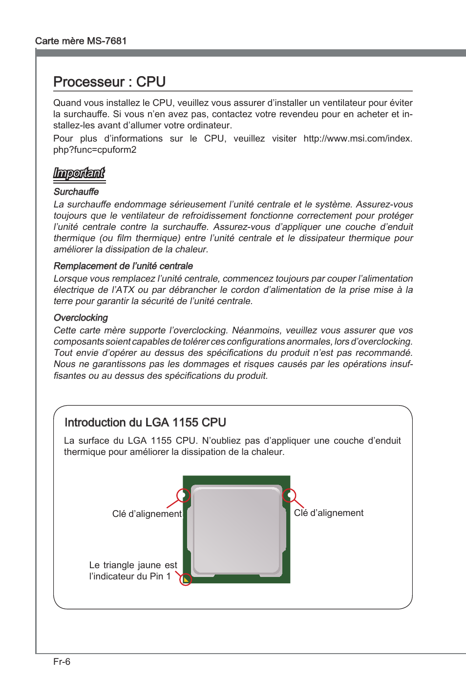 Processeur : cpu, Important, Introducton du lga 1155 cpu | MSI P67A-GD53 (B3) User Manual | Page 88 / 154