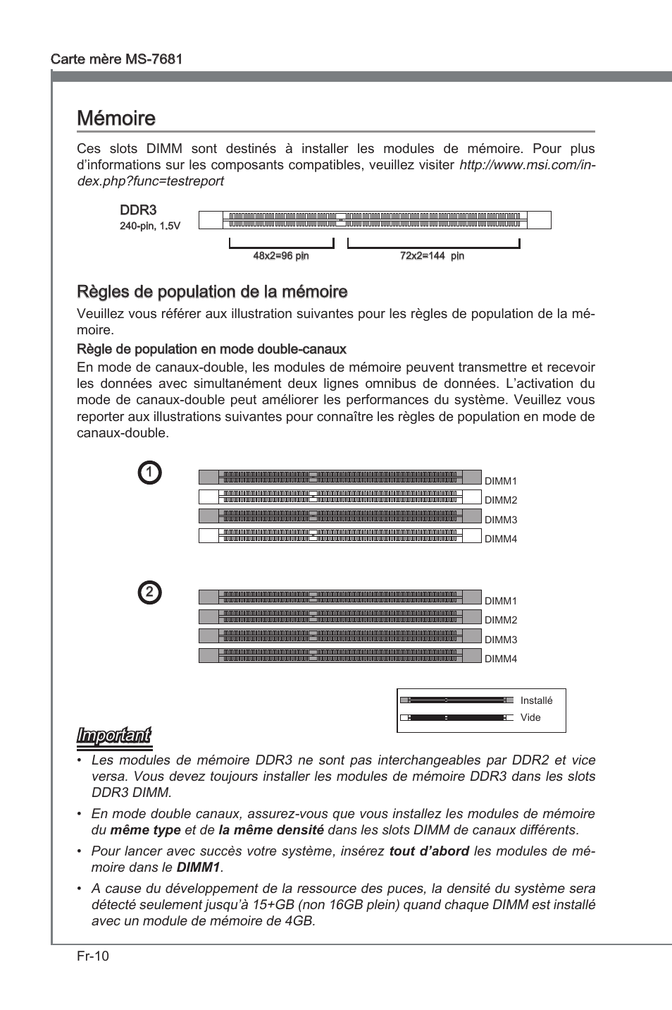 Mémoire, Mémore, Règles de populaton de la mémore | Important | MSI P67A-GD53 (B3) User Manual | Page 92 / 154