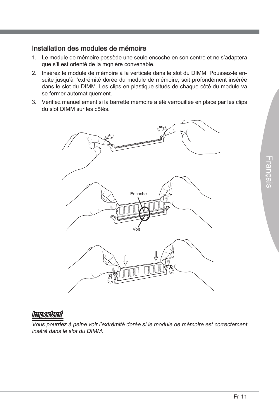 França s, Installaton des modules de mémore, Important | MSI P67A-GD53 (B3) User Manual | Page 93 / 154
