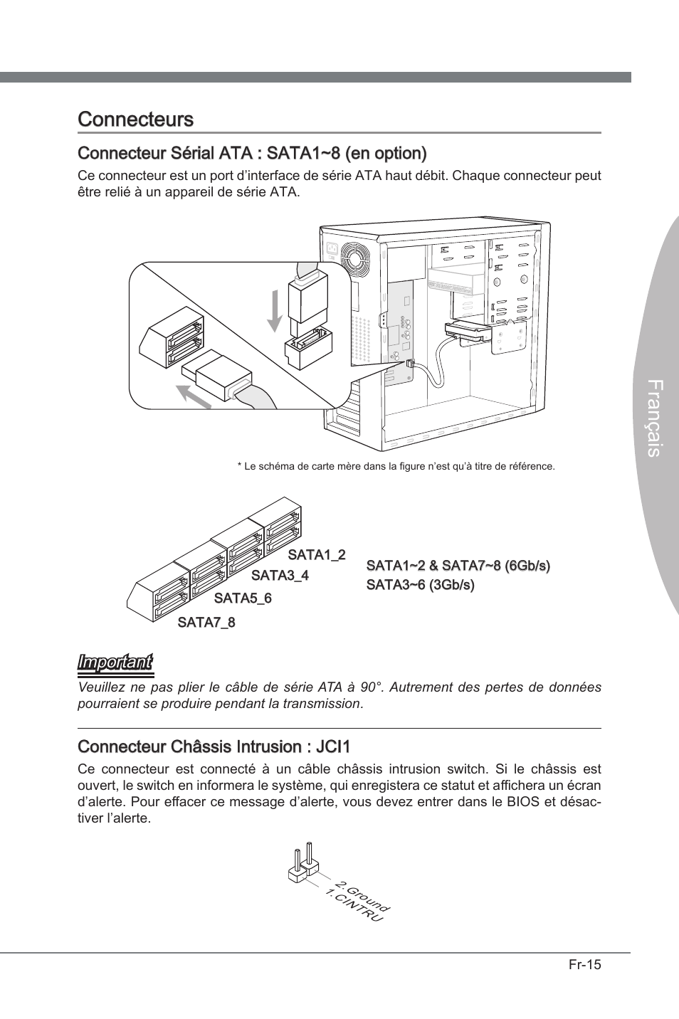 Connecteurs, França s connecteurs, Connecteur séral ata : sata1~8 (en opton) | Important, Connecteur châsss intruson : jci1 | MSI P67A-GD53 (B3) User Manual | Page 97 / 154