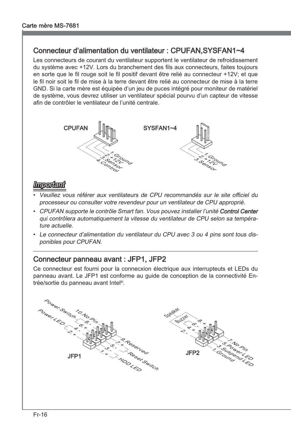 Important, Connecteur panneau avant : jfp1, jfp2 | MSI P67A-GD53 (B3) User Manual | Page 98 / 154