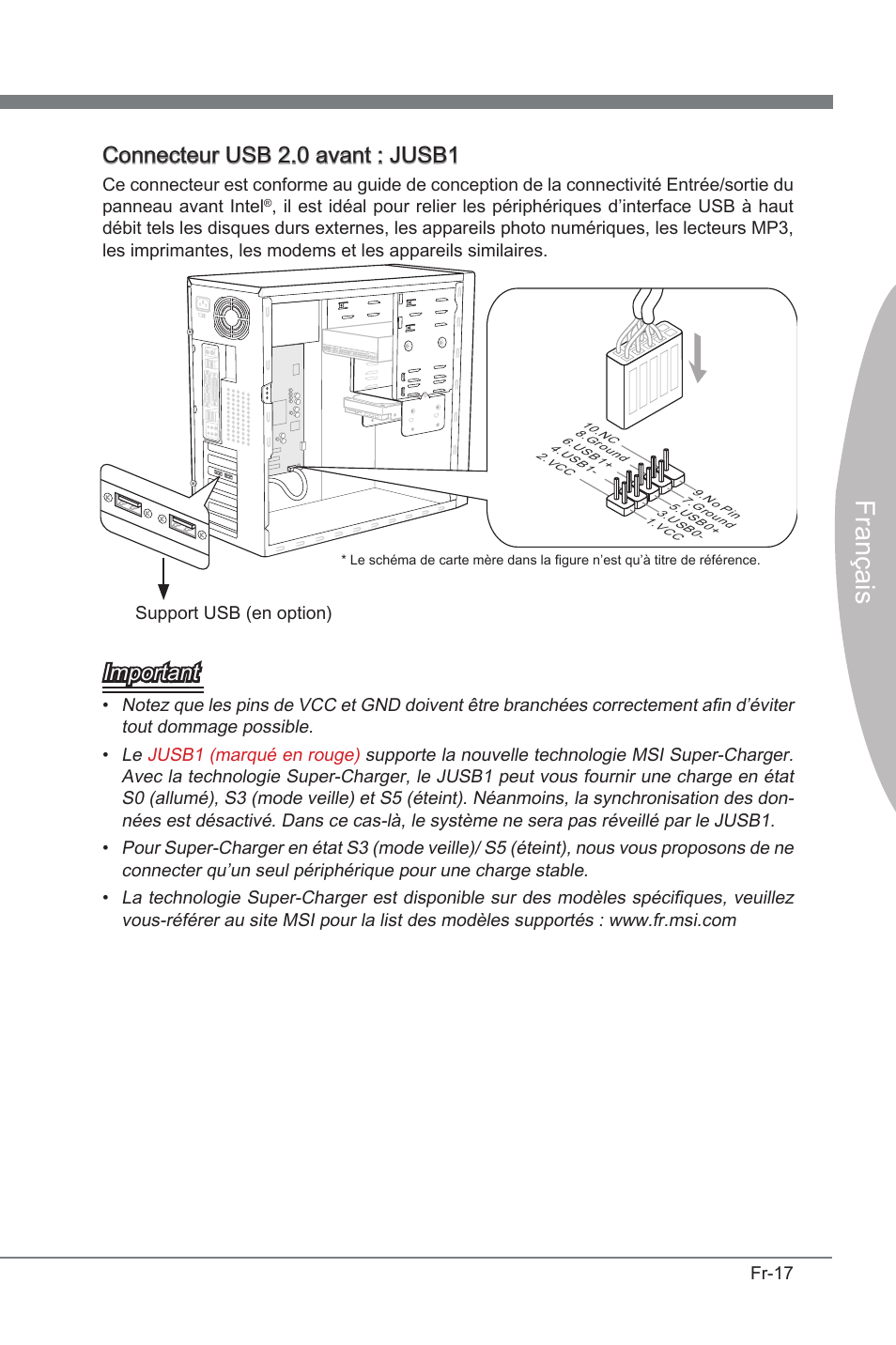 França s, Connecteur usb 2.0 avant : jusb1, Important | MSI P67A-GD53 (B3) User Manual | Page 99 / 154