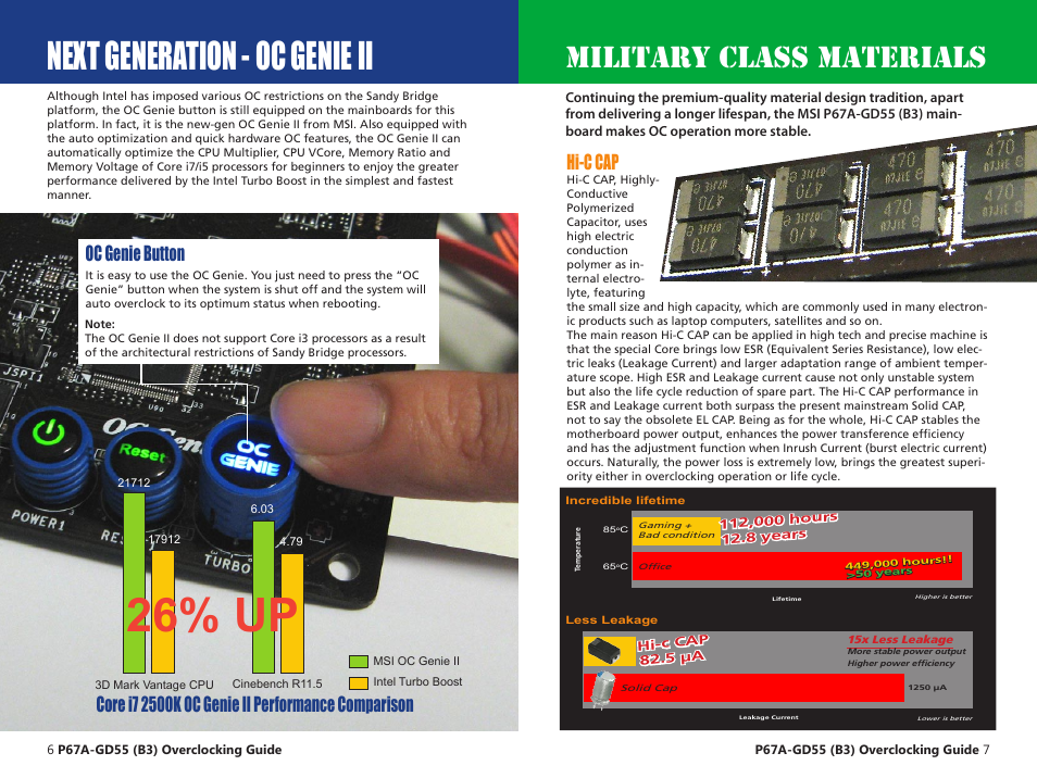 26% up, Next generation - oc genie ii, Military class materials | Oc genie button, Hi-c cap | MSI P67A-GD55 (B3) Quick Guide User Manual | Page 4 / 12