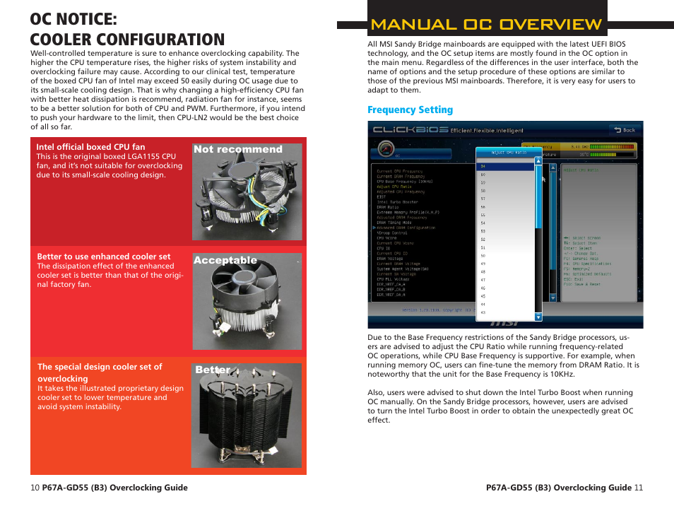 Manual oc overview, Oc notice: cooler configuration | MSI P67A-GD55 (B3) Quick Guide User Manual | Page 6 / 12