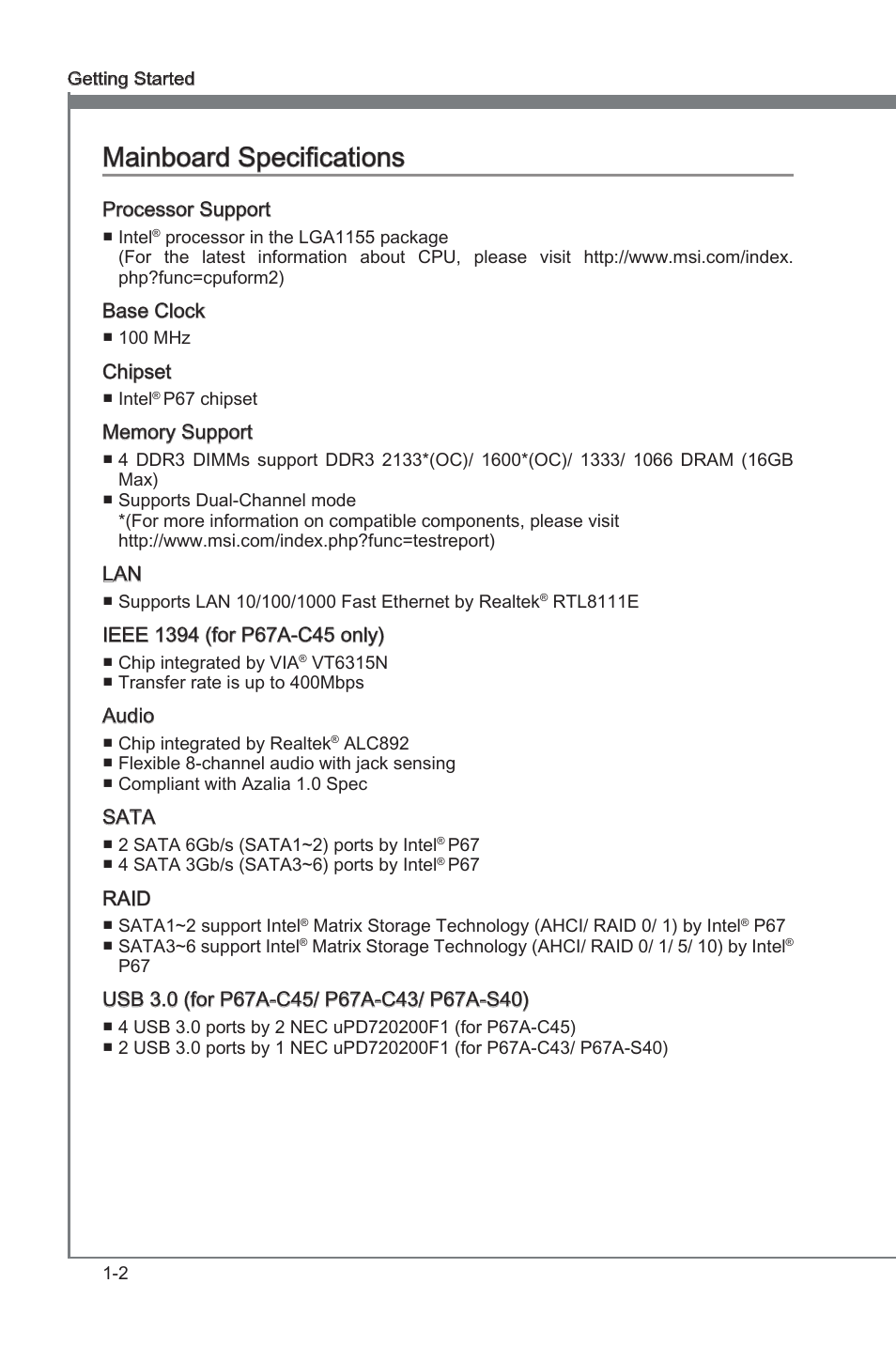 Manboard specficatons -2, Manboard specficatons | MSI P67A-C43 (B3) User Manual | Page 12 / 82