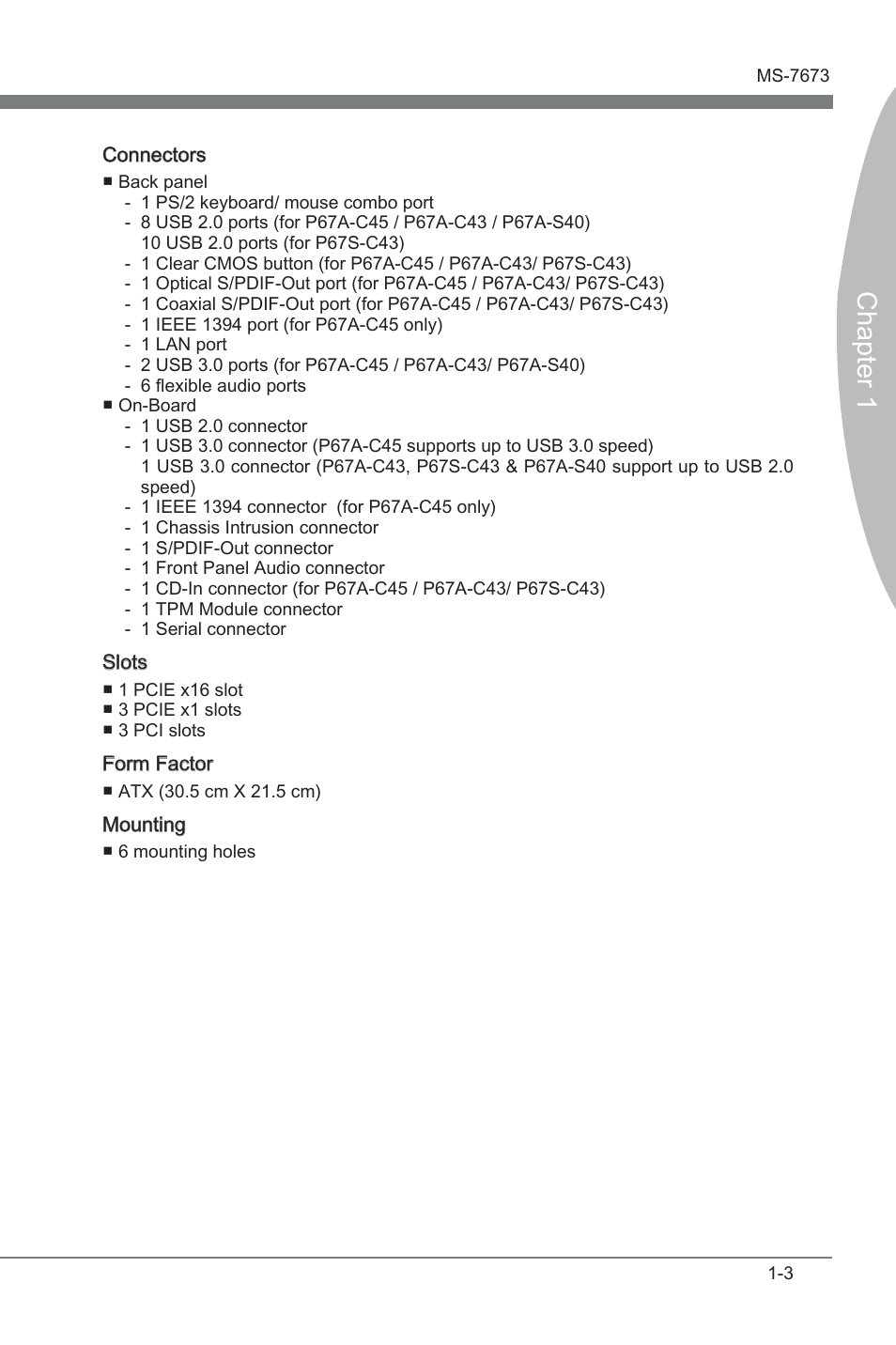 Chapter 1 | MSI P67A-C43 (B3) User Manual | Page 13 / 82