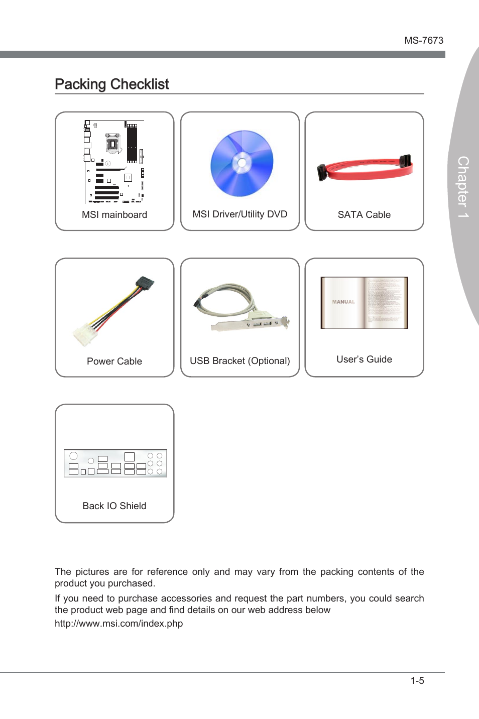 Packng checklst -5, Chapter 1, Packng checklst | MSI P67A-C43 (B3) User Manual | Page 15 / 82