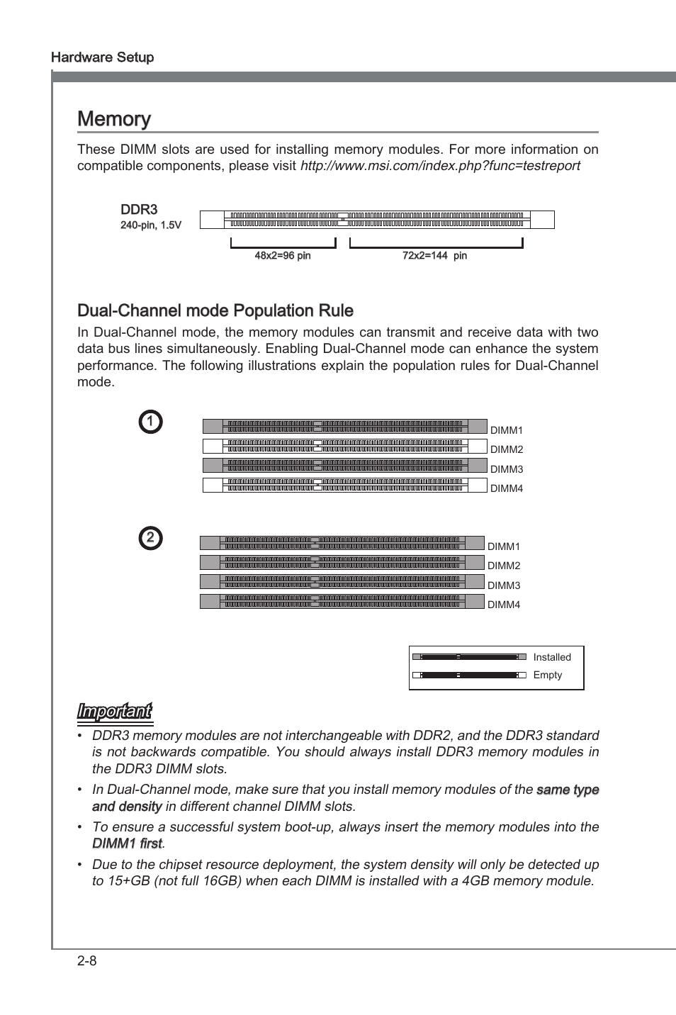 Memory -8, Dual-channel mode populaton rule, Important | MSI P67A-C43 (B3) User Manual | Page 24 / 82