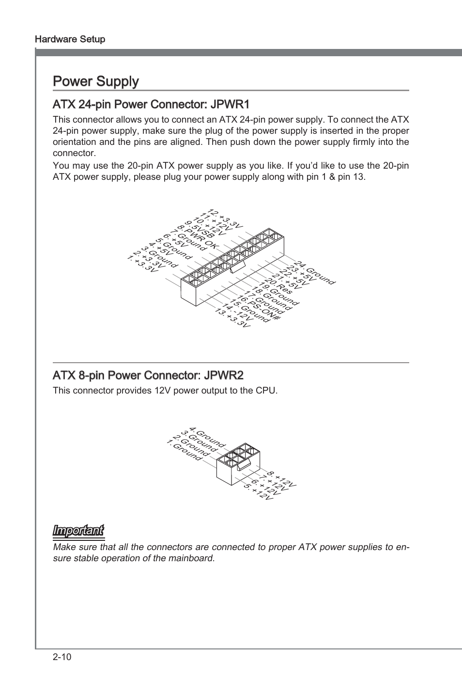 Power supply -10, Power supply, Atx 24-pn power connector: jpwr1 | Atx 8-pn power connector: jpwr2, Important | MSI P67A-C43 (B3) User Manual | Page 26 / 82